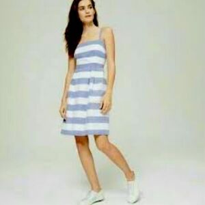 LOFT Linen/cotton Blue Striped fit flare A-line sun-Dress Size 4
